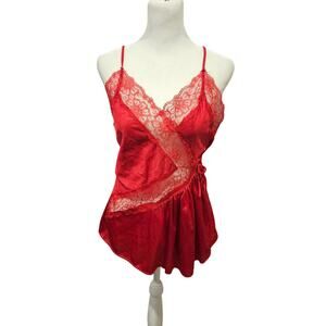 Vintage stardust red baby doll cami lingerie top lace cut out womens large *